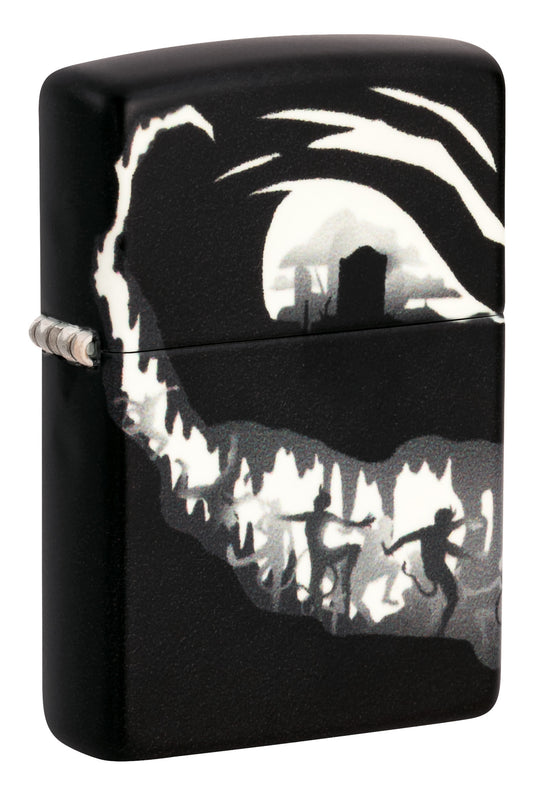 Front shot of Zippo Devil Dance Design 540 Color Glow in the Dark Windproof Lighter standing at a 3/4 angle.