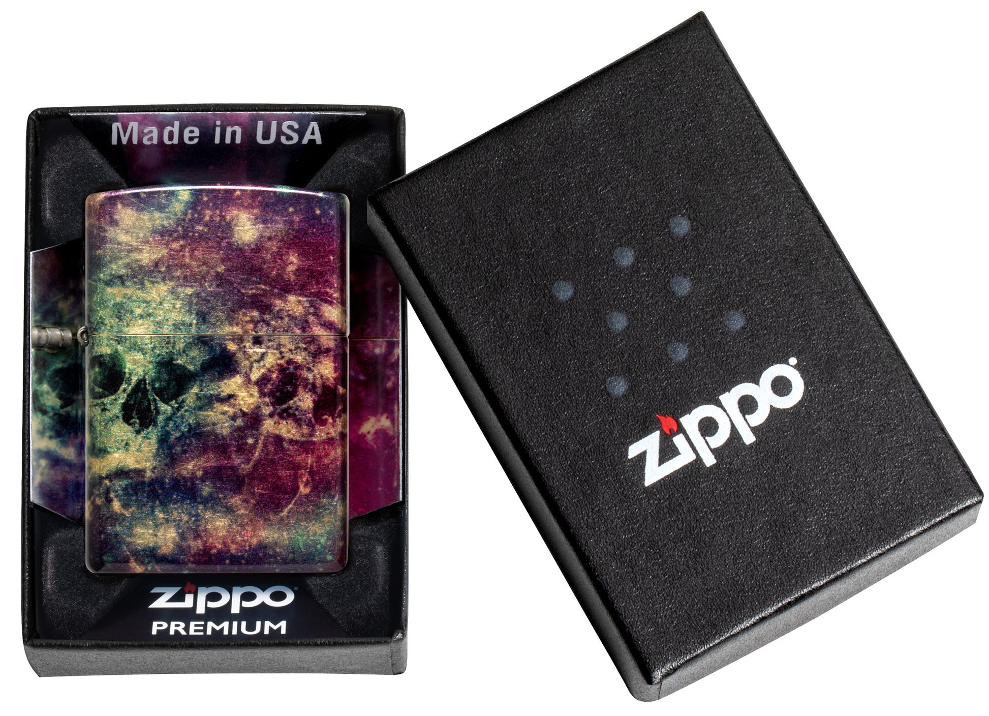 Zippo Galaxy Skull Design 540 Tumbled Brass Windproof Lighter in its packaging.