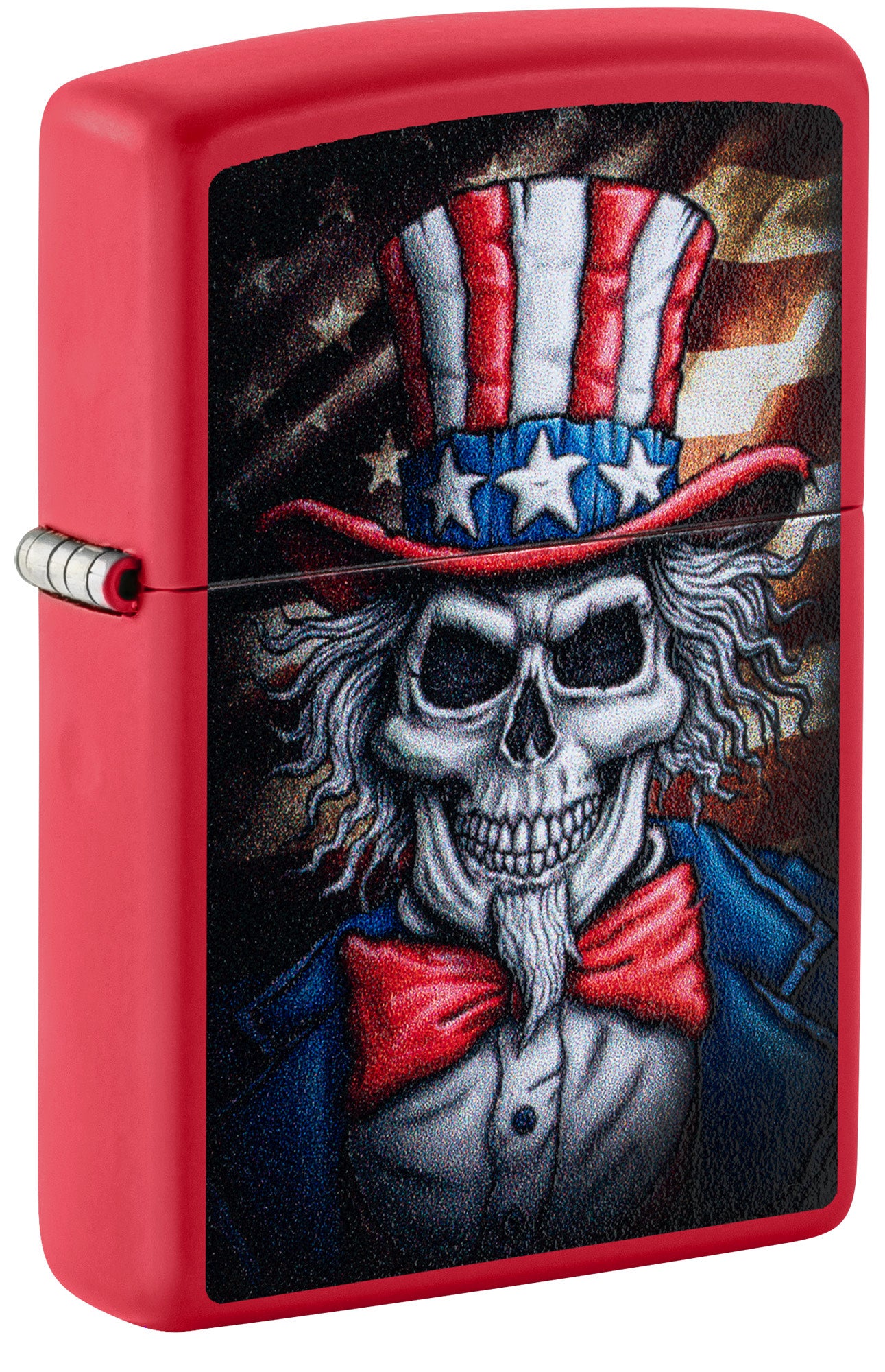 Front shot of Zippo Uncle Skeleton Design Red Matte Windproof Lighter standing at a 3/4 angle.