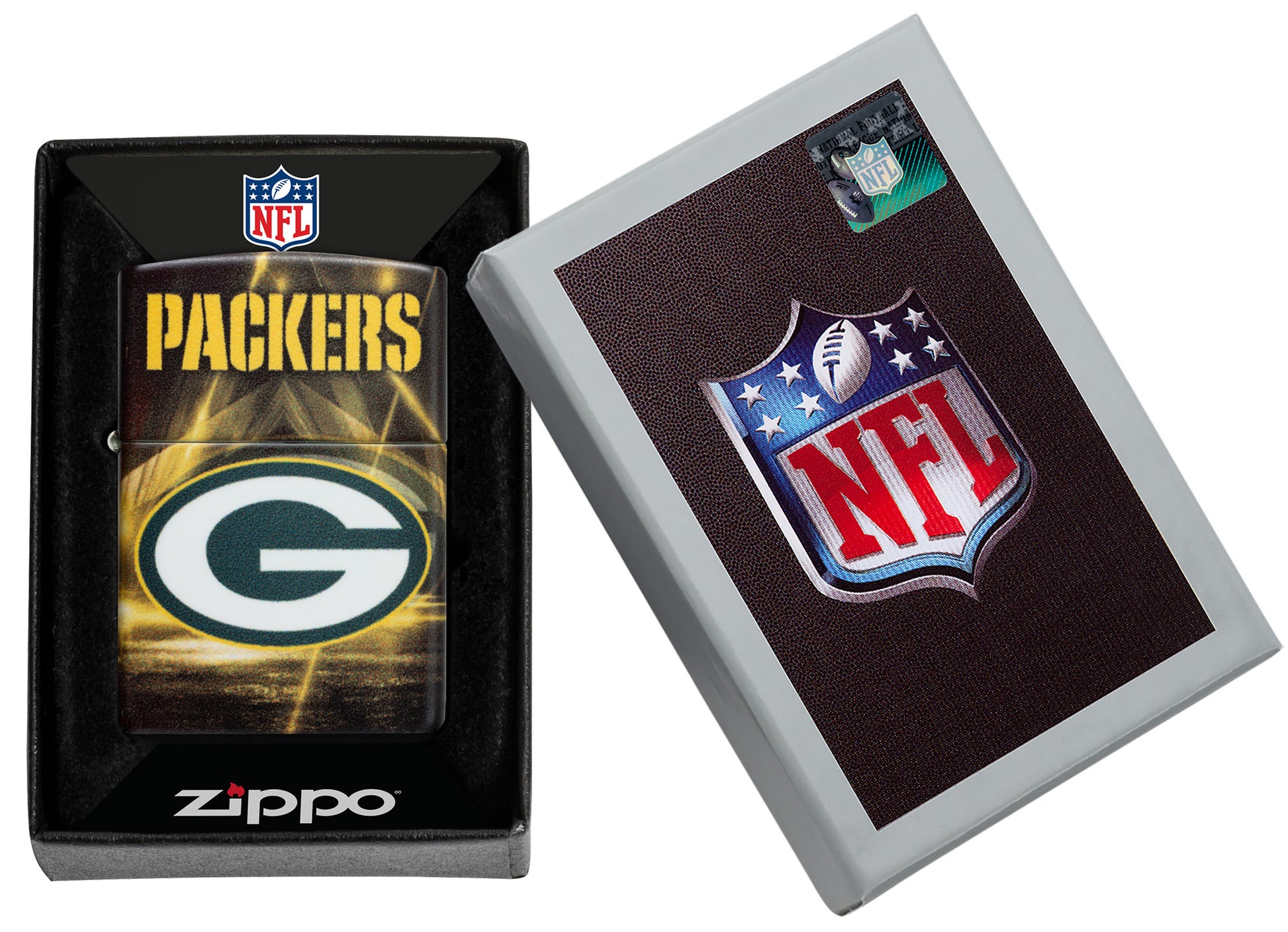 Zippo NFL Green Bay Packers 540 Matte Windproof Lighter in its packaging.