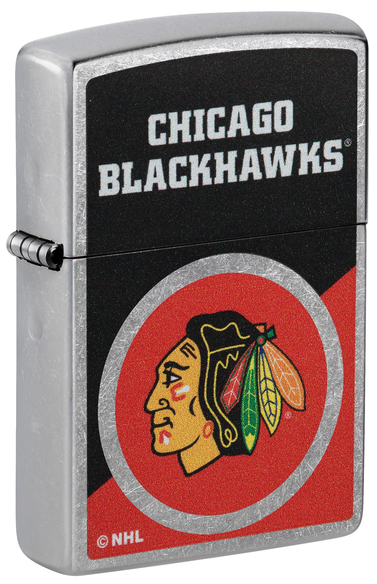 Front shot of Zippo NHL® Chicago Blackhawks® 2024 Street Chrome™ Windproof Lighter standing at a 3/4 angle.