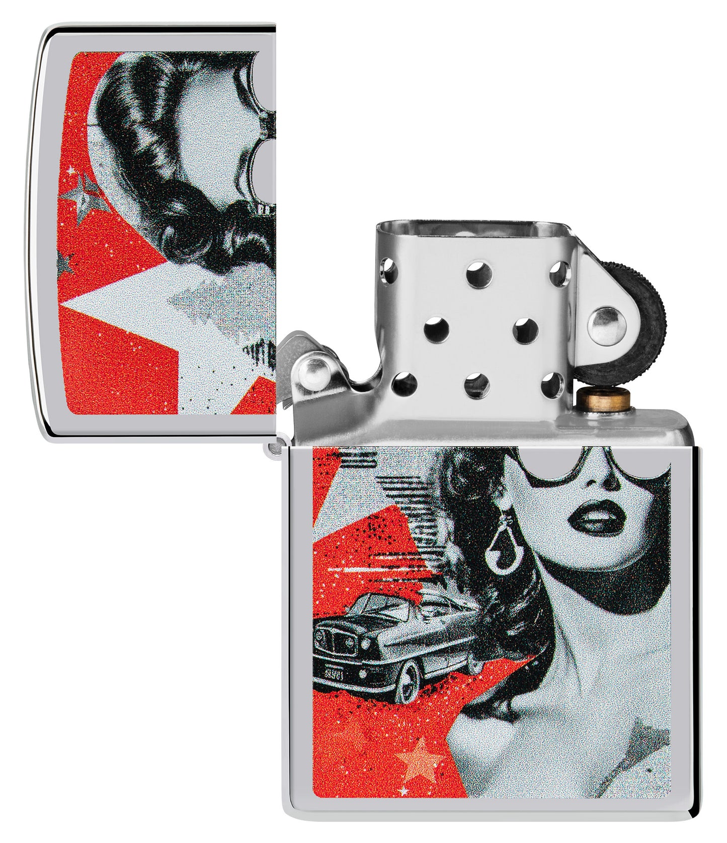 Zippo Glam Glasses Design High Polish Chrome Windproof Lighter with its lid open and unlit.