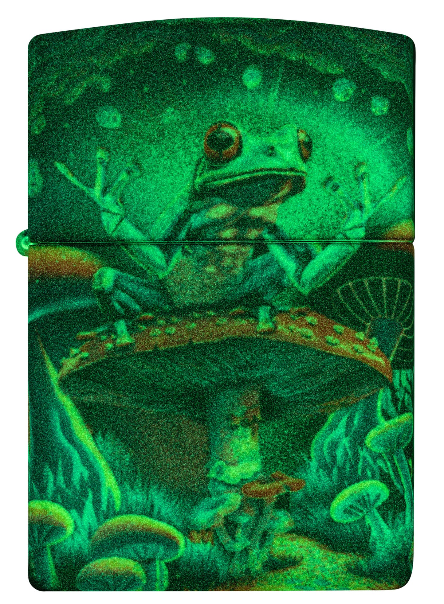 Front view of Zippo Zen Frog Design Glow in the Dark Matte Windproof Lighter glowing in the dark.