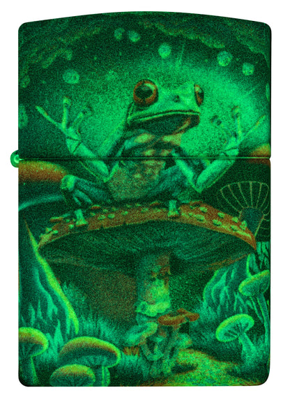 Front view of Zippo Zen Frog Design Glow in the Dark Matte Windproof Lighter glowing in the dark.