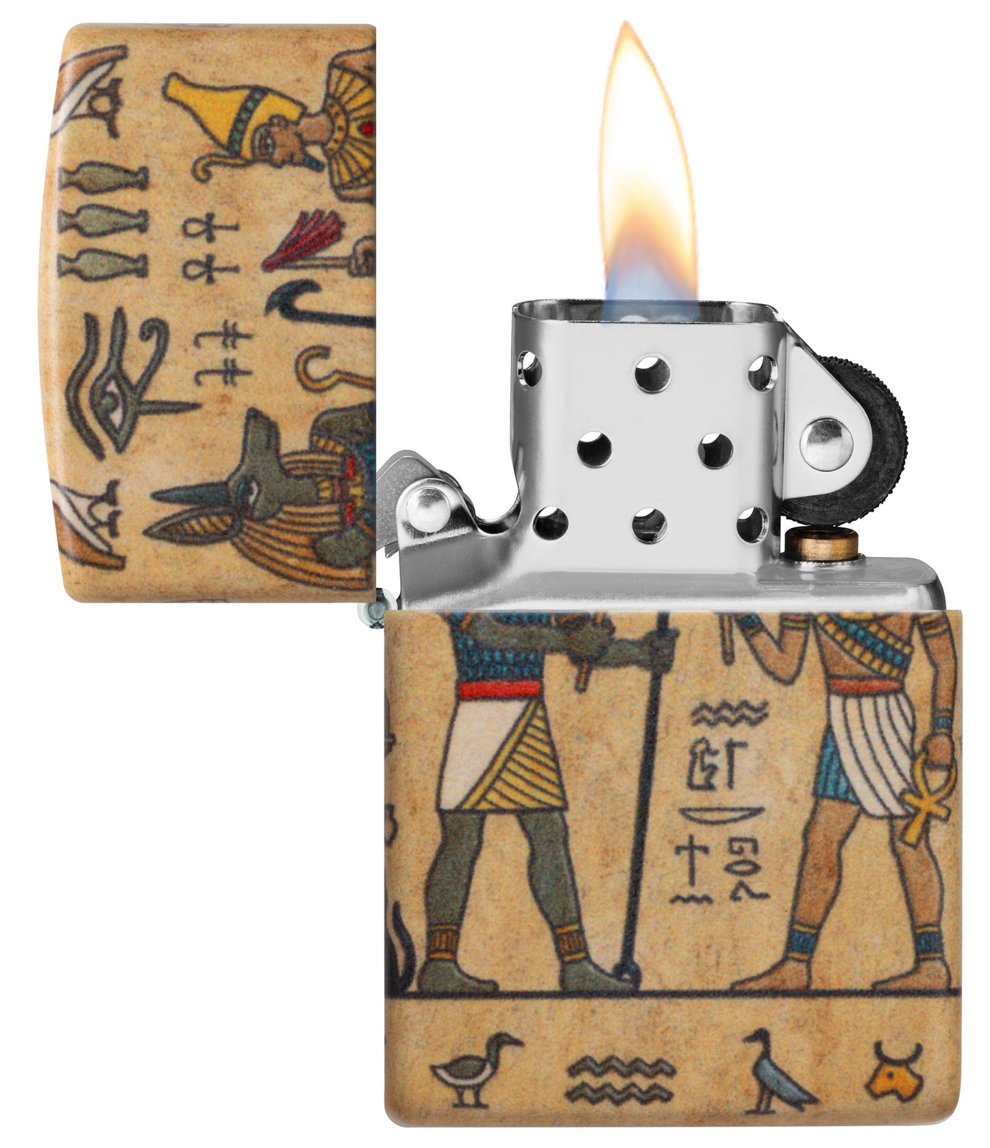 Zippo Ancient Glyphs Design White 540 Matte Windproof Lighter with its lid open and lit.


