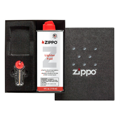 Front view of Classic Lighter Gift Set Packaging with Fuel and Flint (no lighter as it's not included)