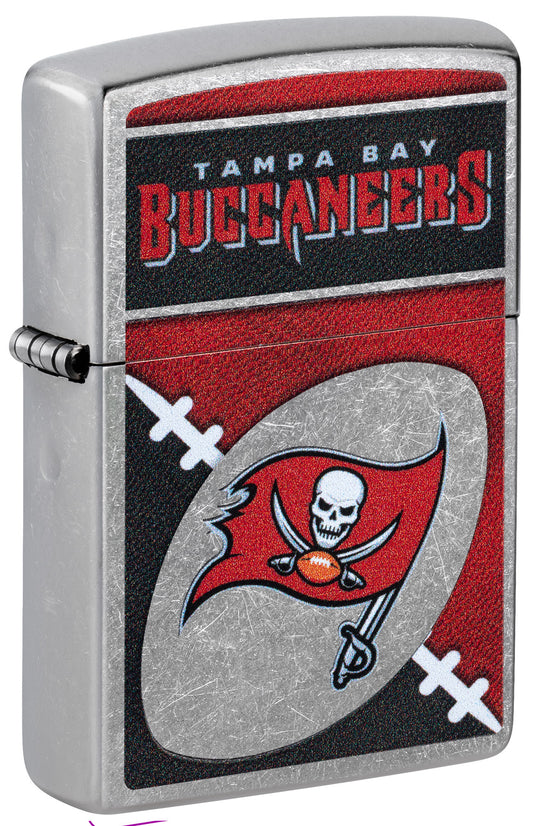 Front shot of Zippo NFL Tampa Bay Buccaneers Street Chrome Windproof Lighter standing at a 3/4 angle.