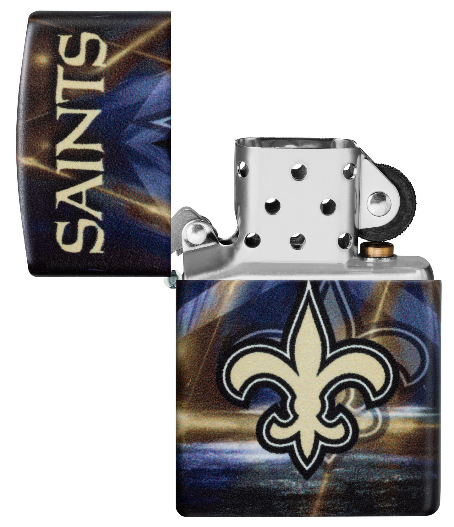 Zippo NFL New Orleans Saints 540 Matte Windproof Lighter with its lid open and unlit.