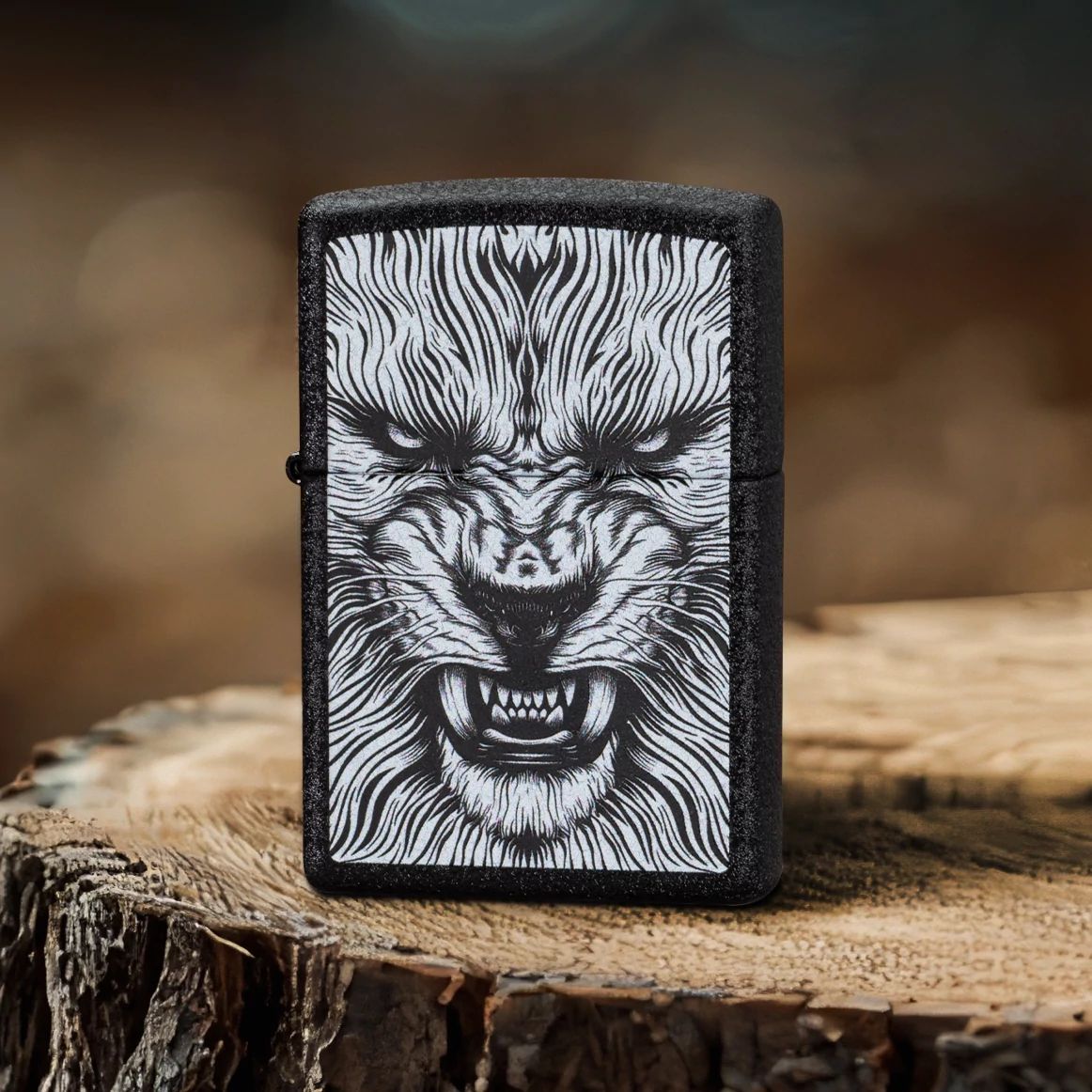 Lifestyle image of Zippo Say Cheese Design Black Crackle® Windproof Lighter standing on a tree stump, showing the front of the lighter. 

