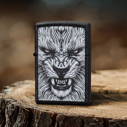 Lifestyle image of Zippo Say Cheese Design Black Crackle® Windproof Lighter standing on a tree stump, showing the front of the lighter. 

