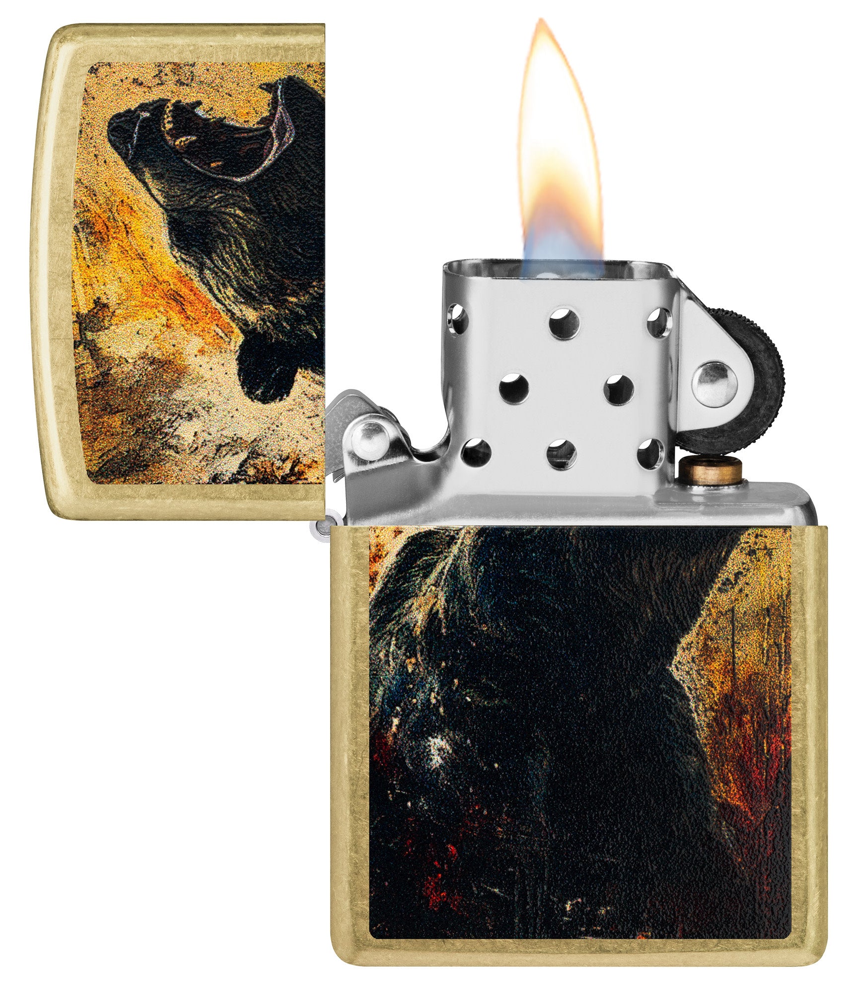 Zippo Grizzly Roar Design Street Brass Windproof Lighter with its lid open and lit.