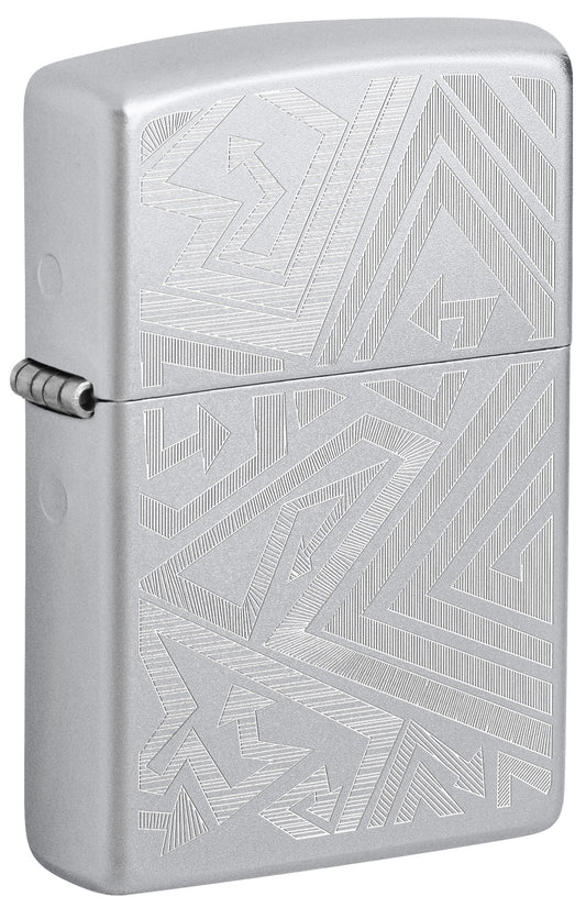 Front shot of Zippo Which Way? Design Satin Chrome Windproof Lighter standing at a 3/4 angle.