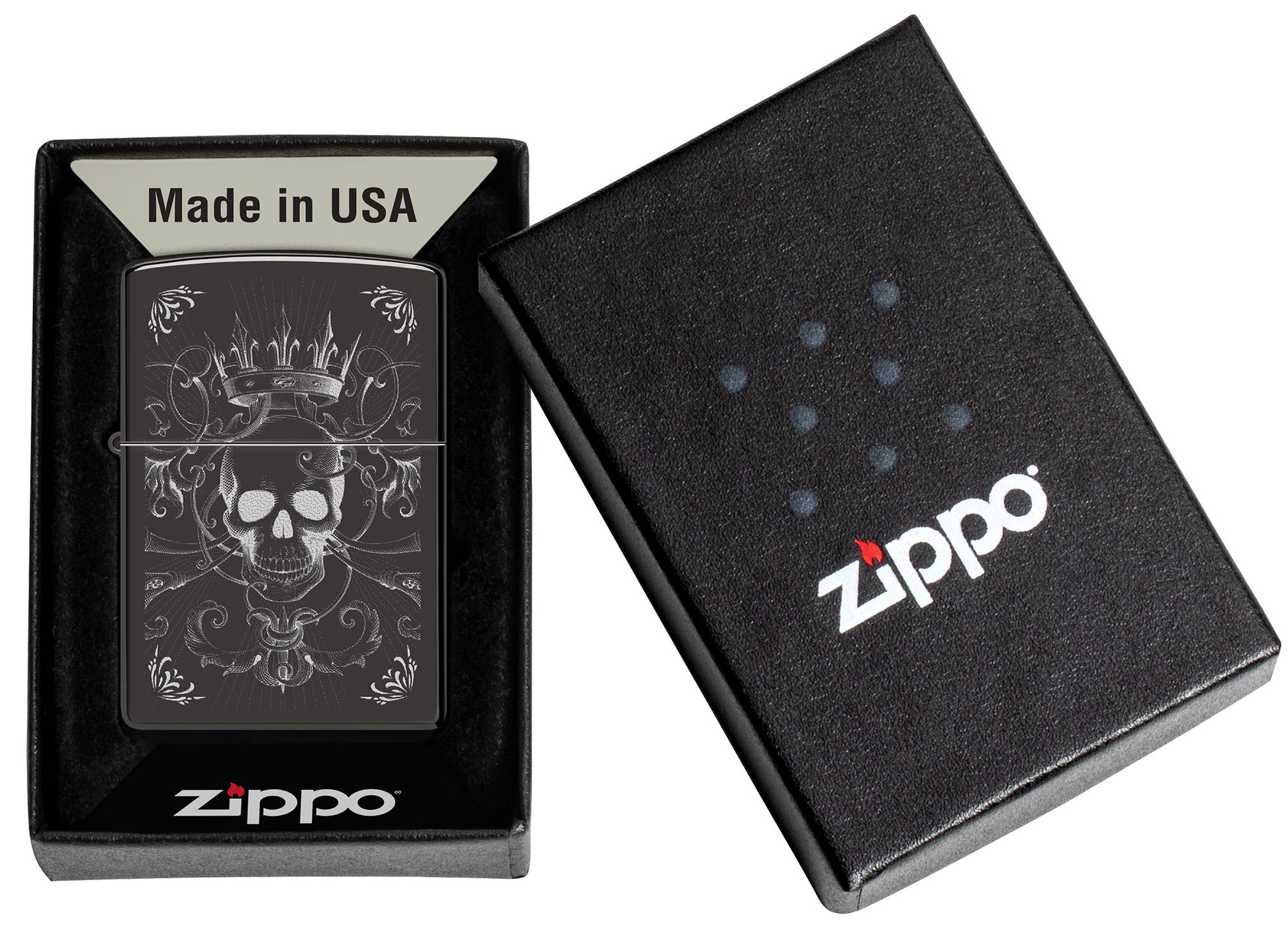 Zippo Royal Skull Design High Polish Black Windproof Lighter in its packaging.