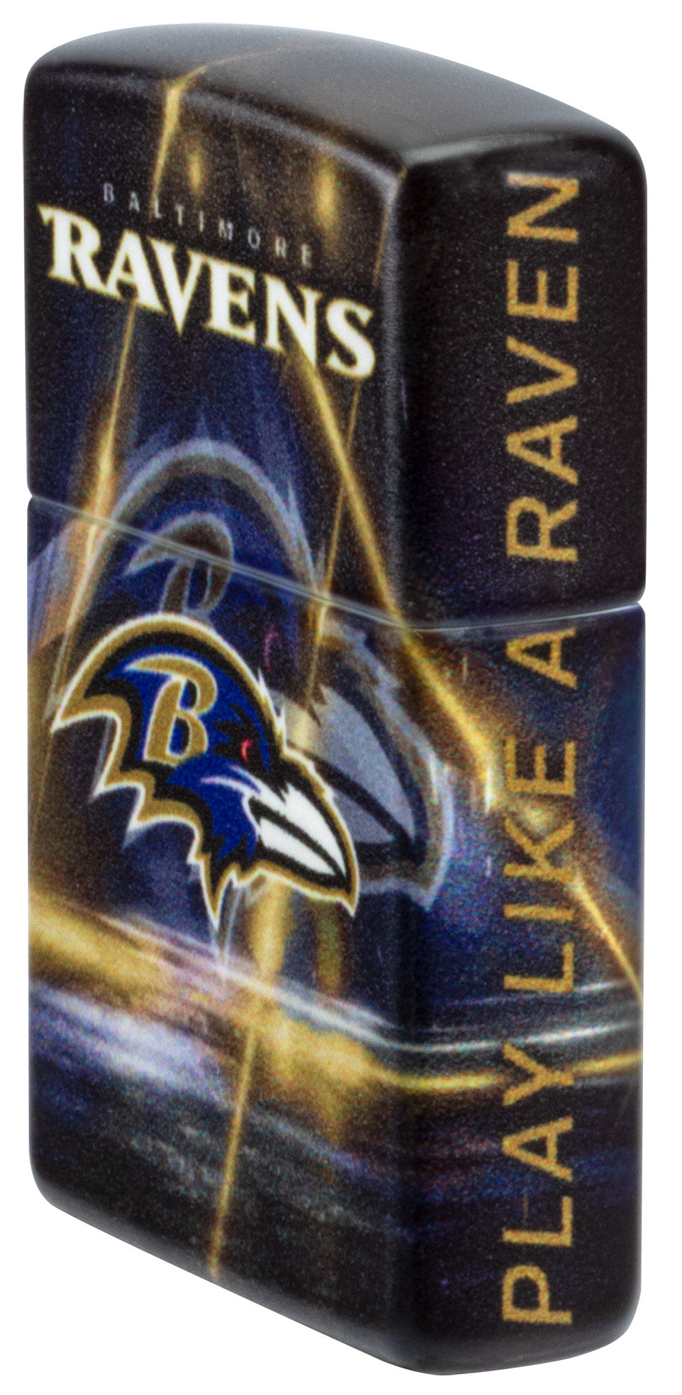 Angled shot of Zippo NFL Baltimore Ravens 540 Matte Windproof Lighter showing the front and right sides of the lighter.