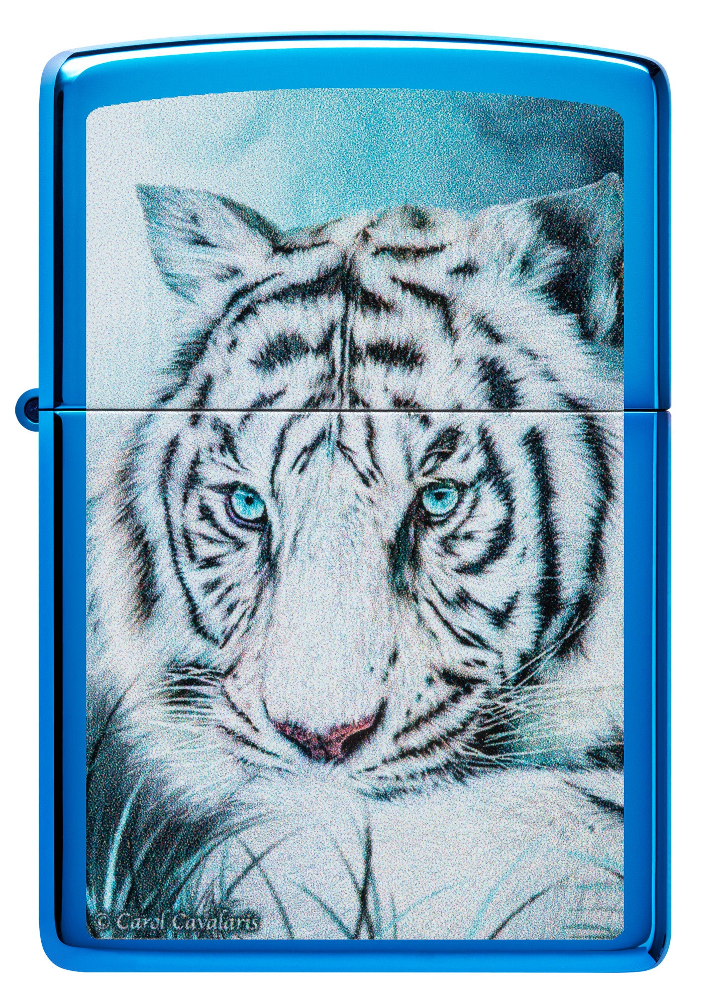 Front view of Zippo Carol Cavalaris High Polish Blue Windproof Lighter.