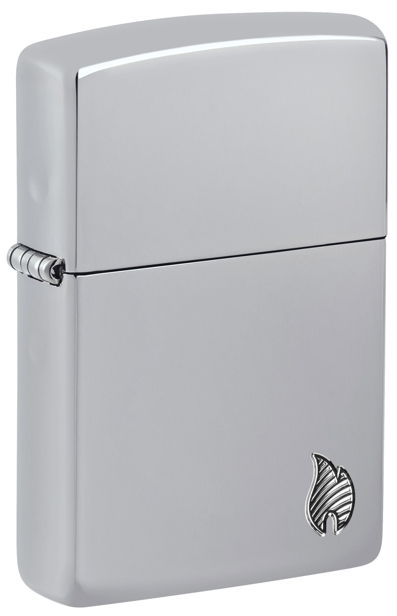 Front shot of Zippo Armor® Series Flame High Polish Chrome Windproof Lighter standing at a 3/4 angle.