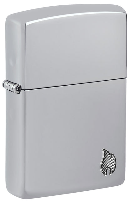 Front shot of Zippo Armor® Series Flame High Polish Chrome Windproof Lighter standing at a 3/4 angle.