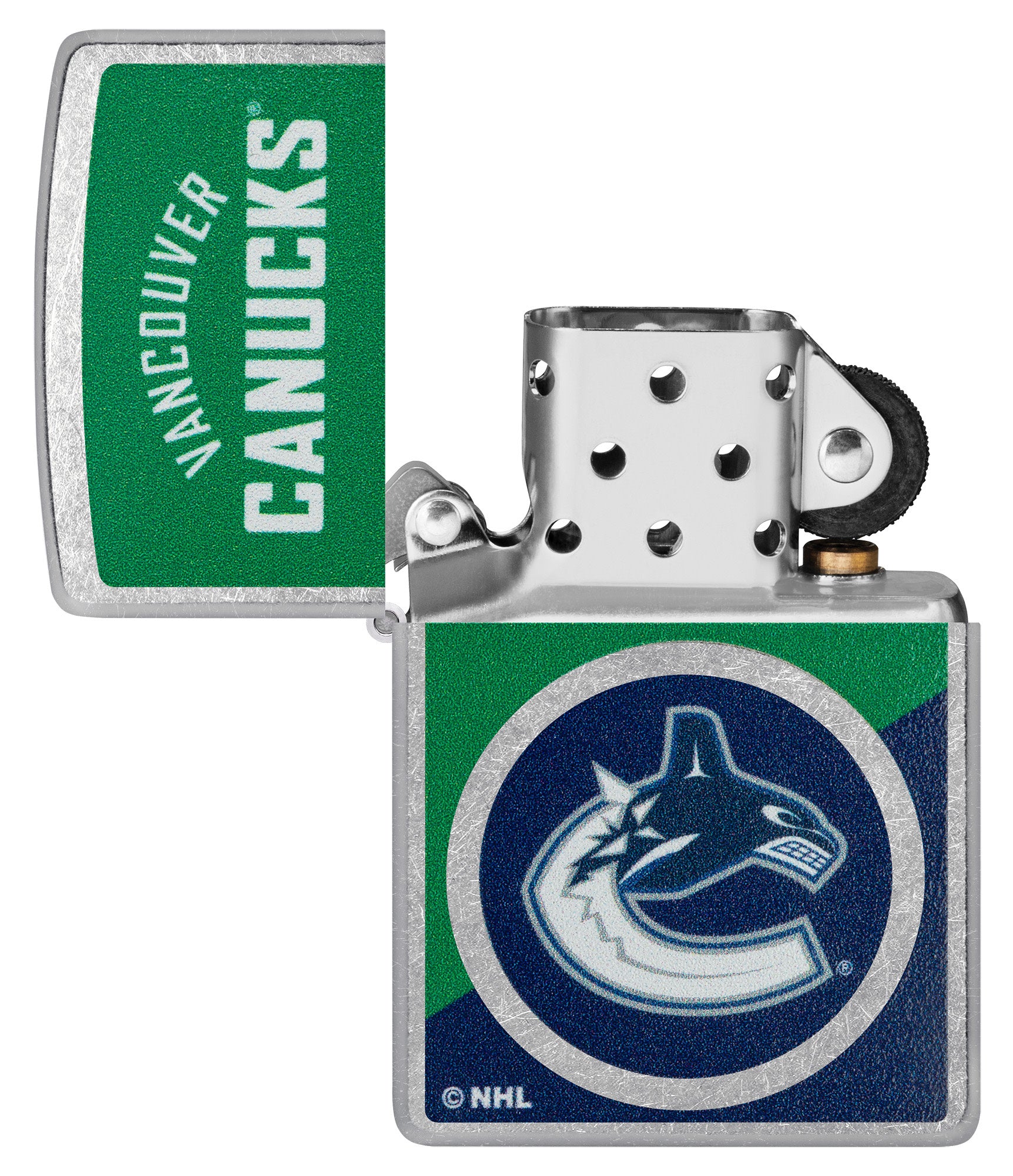 Zippo NHL® Vancouver Canucks® 2024 Street Chrome™ Windproof Lighter lit in hand.