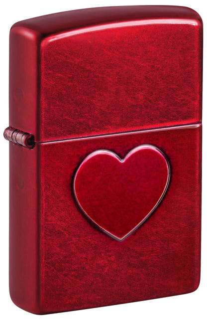 Front shot of Zippo Stamped Heart Design Candy Apple Windproof Lighter standing at a 3/4 angle.