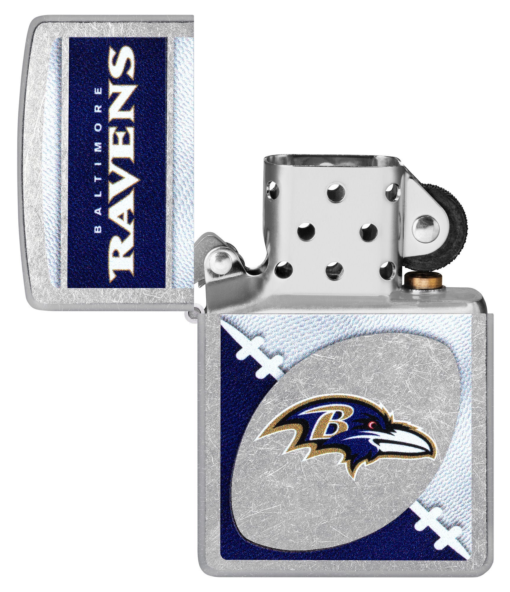 Zippo NFL Baltimore Ravens Street Chrome Windproof Lighter with its lid open and unlit.