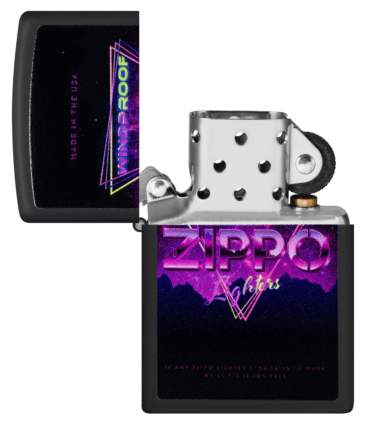 Zippo Sign Design Black Matte Windproof Lighter with its lid open and unlit.