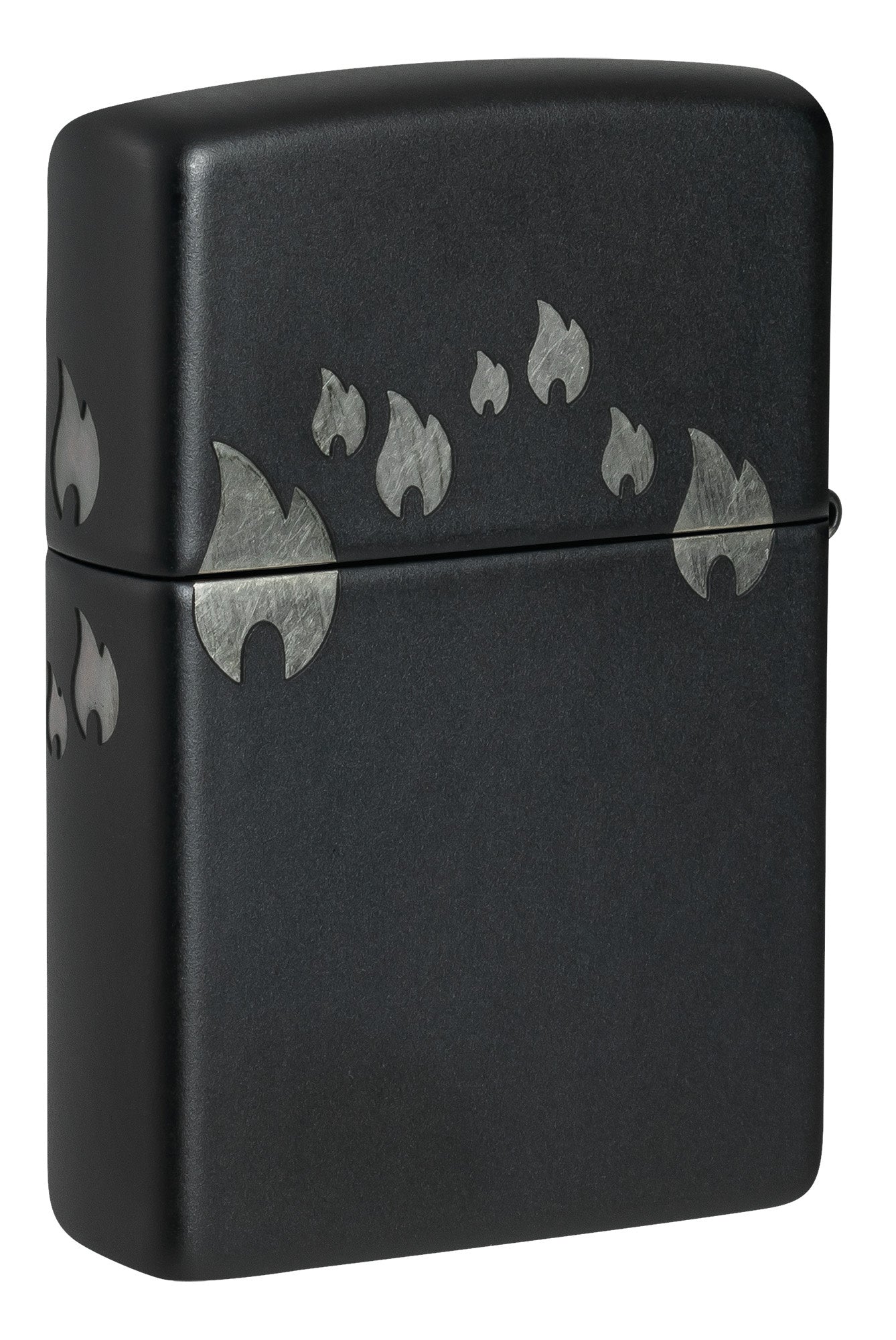 Back view of Zippo Design Black Matte with Chrome Windproof Lighter standing at a 3/4 angle.