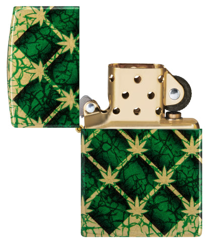 Zippo Argyle Leaf Design 540 Tumbled Brass Windproof Lighter with its lid open and unlit.