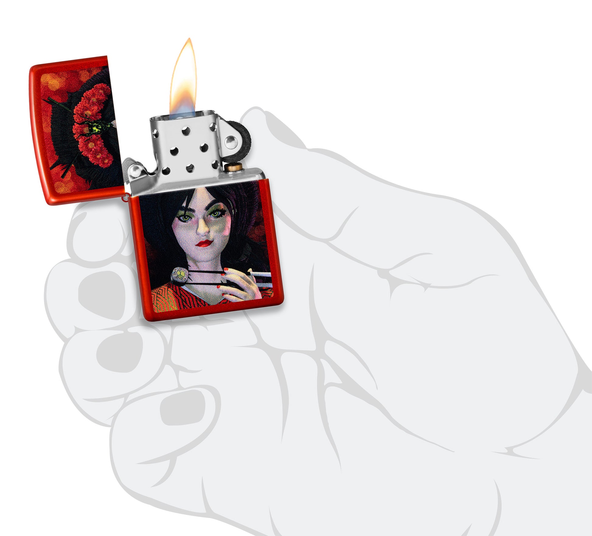 Zippo Dinner for Two Design Metallic Red Windproof Lighter lit in hand.


