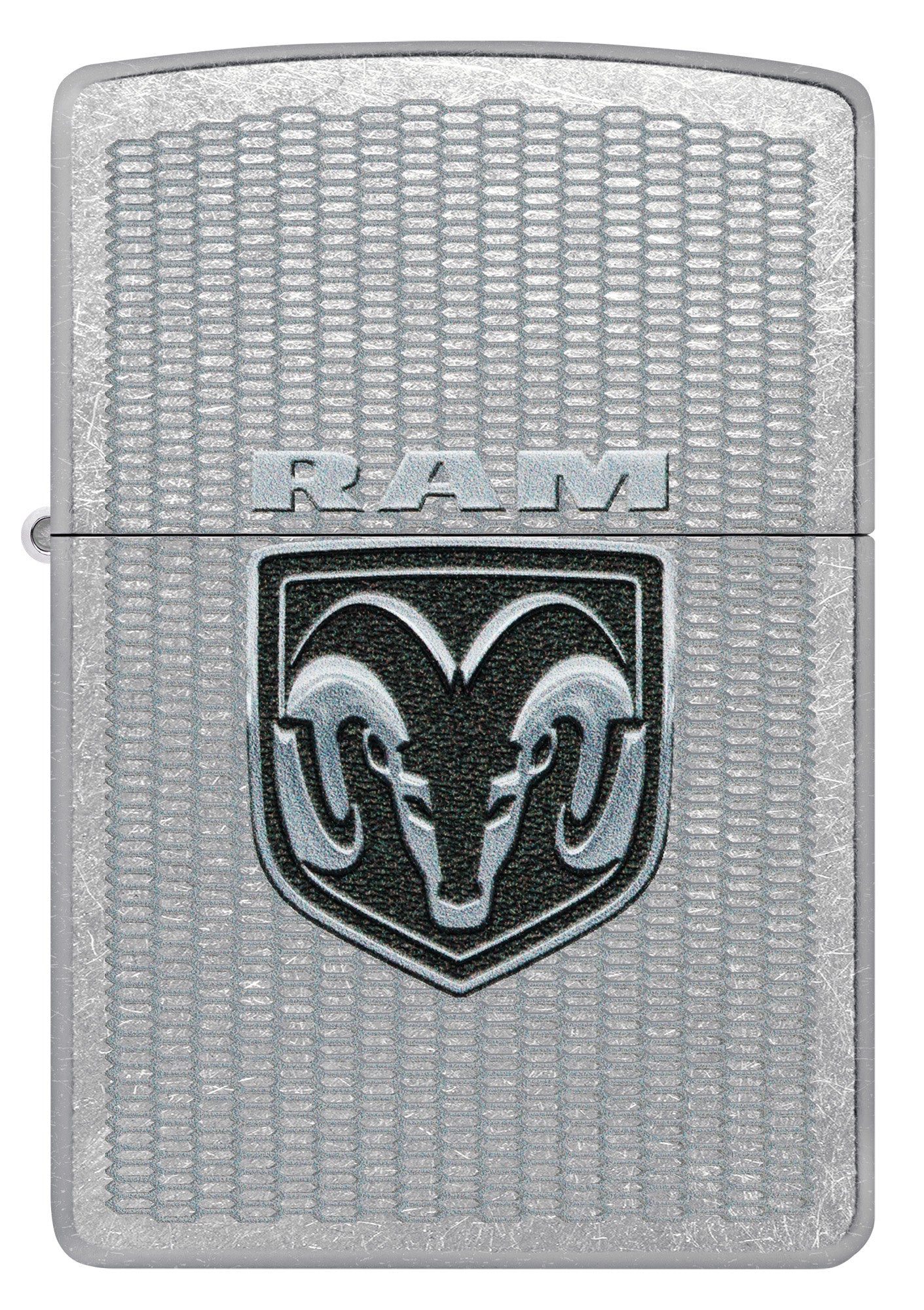 Front view of Zippo Dodge RAM Design Street Chrome Windproof Lighter.