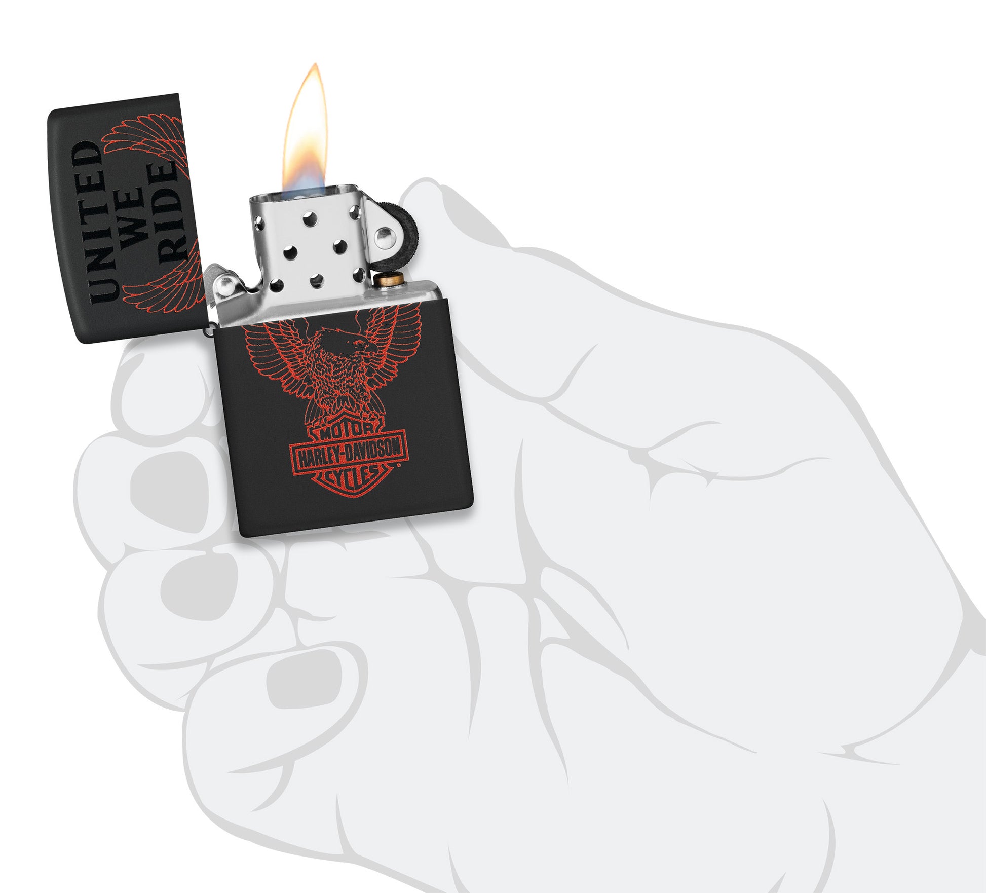 Zippo Harley-Davidson® Black Matte Windproof Lighter lit in hand.