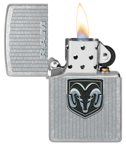 Zippo Dodge RAM Design Street Chrome Windproof Lighter with its lid open and lit.