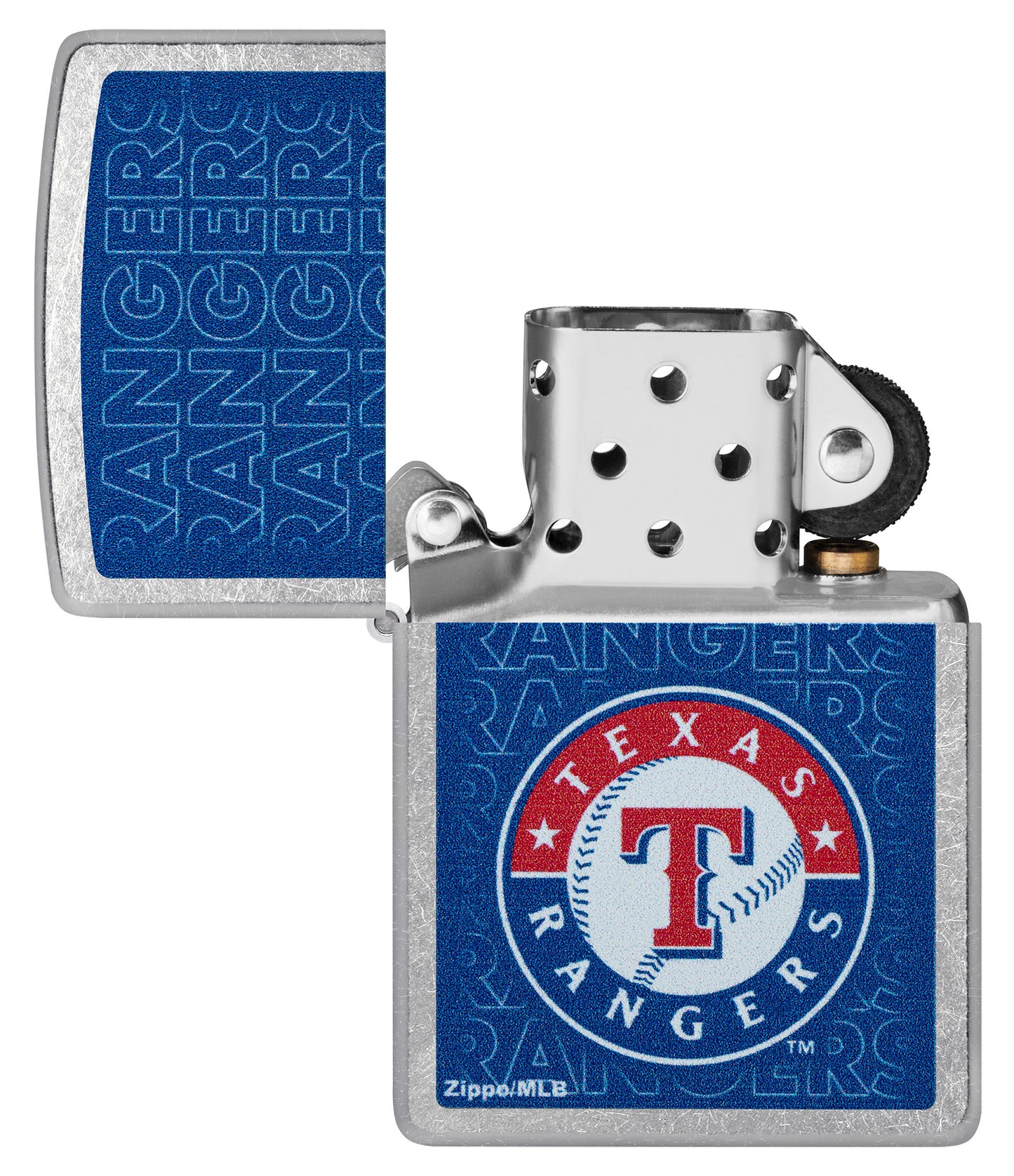 Zippo MLB® Texas Rangers Street Chrome Windproof Lighter with its lid open and unlit.