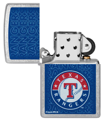 Zippo MLB® Texas Rangers Street Chrome Windproof Lighter with its lid open and unlit.