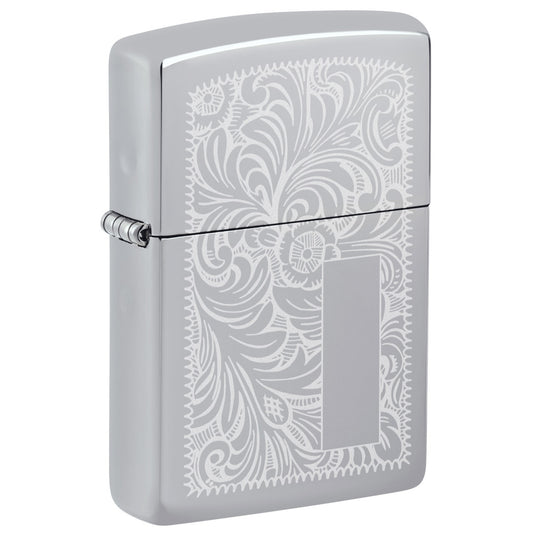 Front shot of Zippo High Polish Chrome Venetian® Windproof Lighter standing at a 3/4 angle.