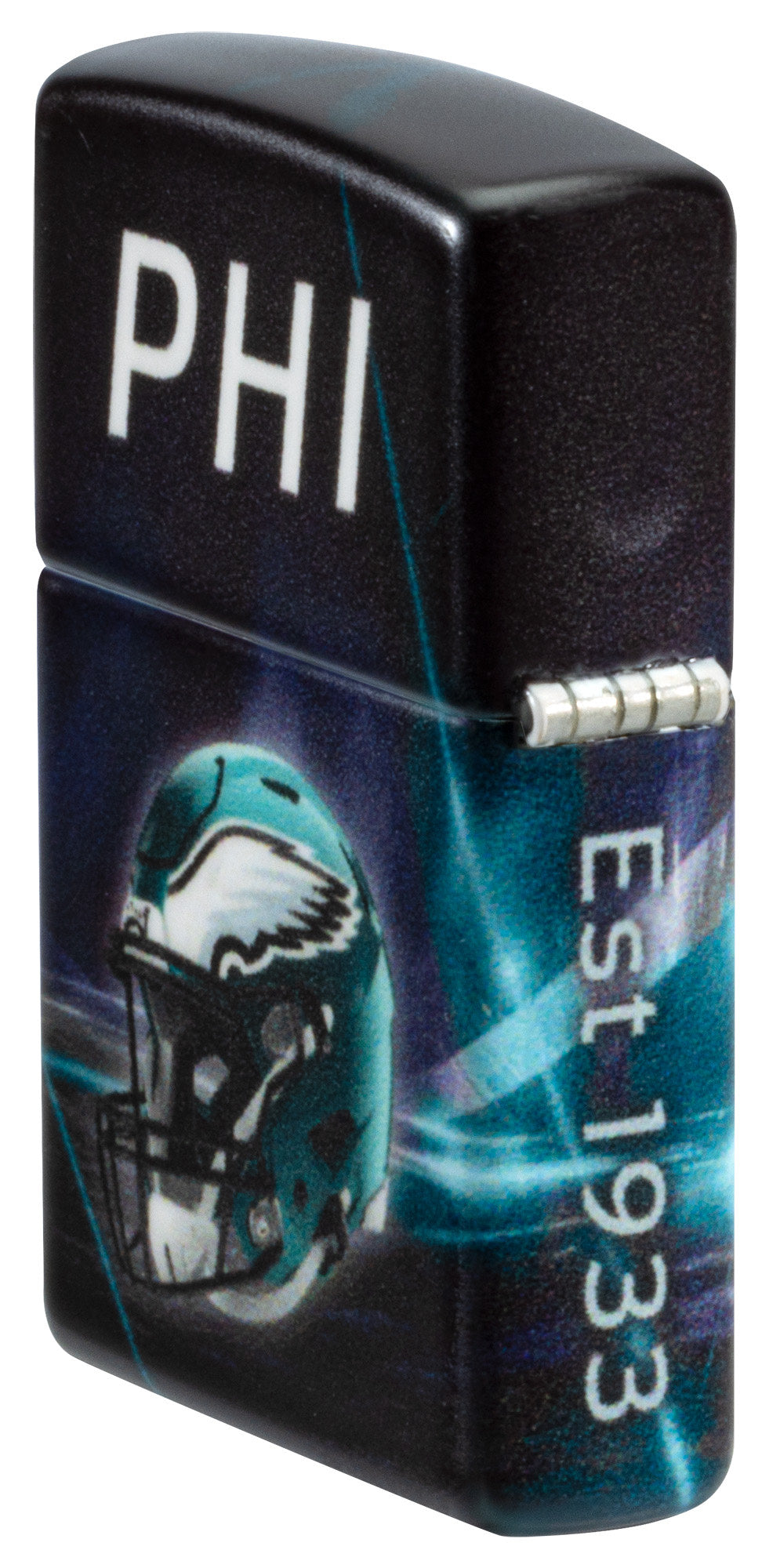 Angled shot of Zippo NFL Philadelphia Eagles 540 Matte Windproof Lighter showing the back and hinge sides of the lighter.