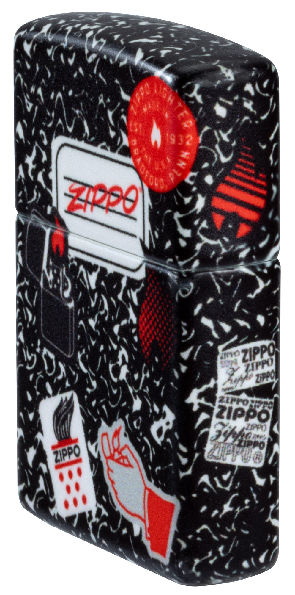 Angled shot of Zippo Notebook Design 540 Matte Windproof Lighter showing the front and right sides of the lighter.