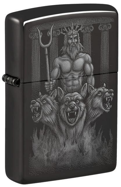 Front shot of Zippo Greek Dogs Design High Polish Black Windproof Lighter standing at a 3/4 angle.