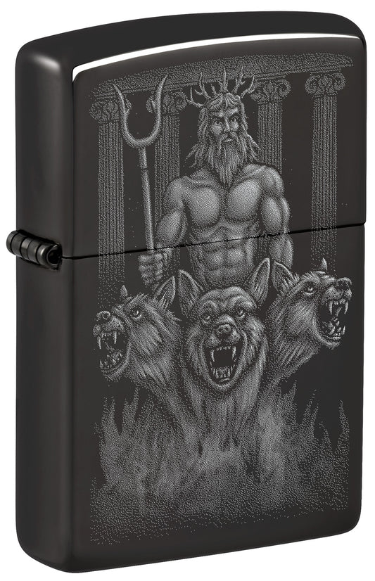 Front shot of Zippo Greek Dogs Design High Polish Black Windproof Lighter standing at a 3/4 angle.