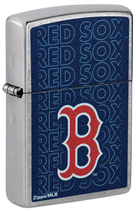 Front shot of Zippo MLB® Boston Red Sox Street Chrome Windproof Lighter standing at a 3/4 angle.