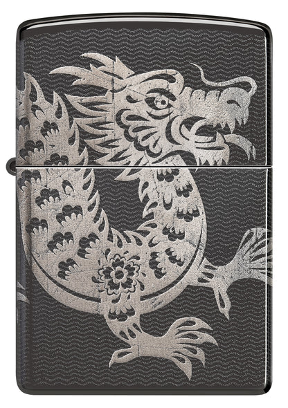 Front view of Zippo Lucky Dragon Design High Polish Black Windproof Lighter.