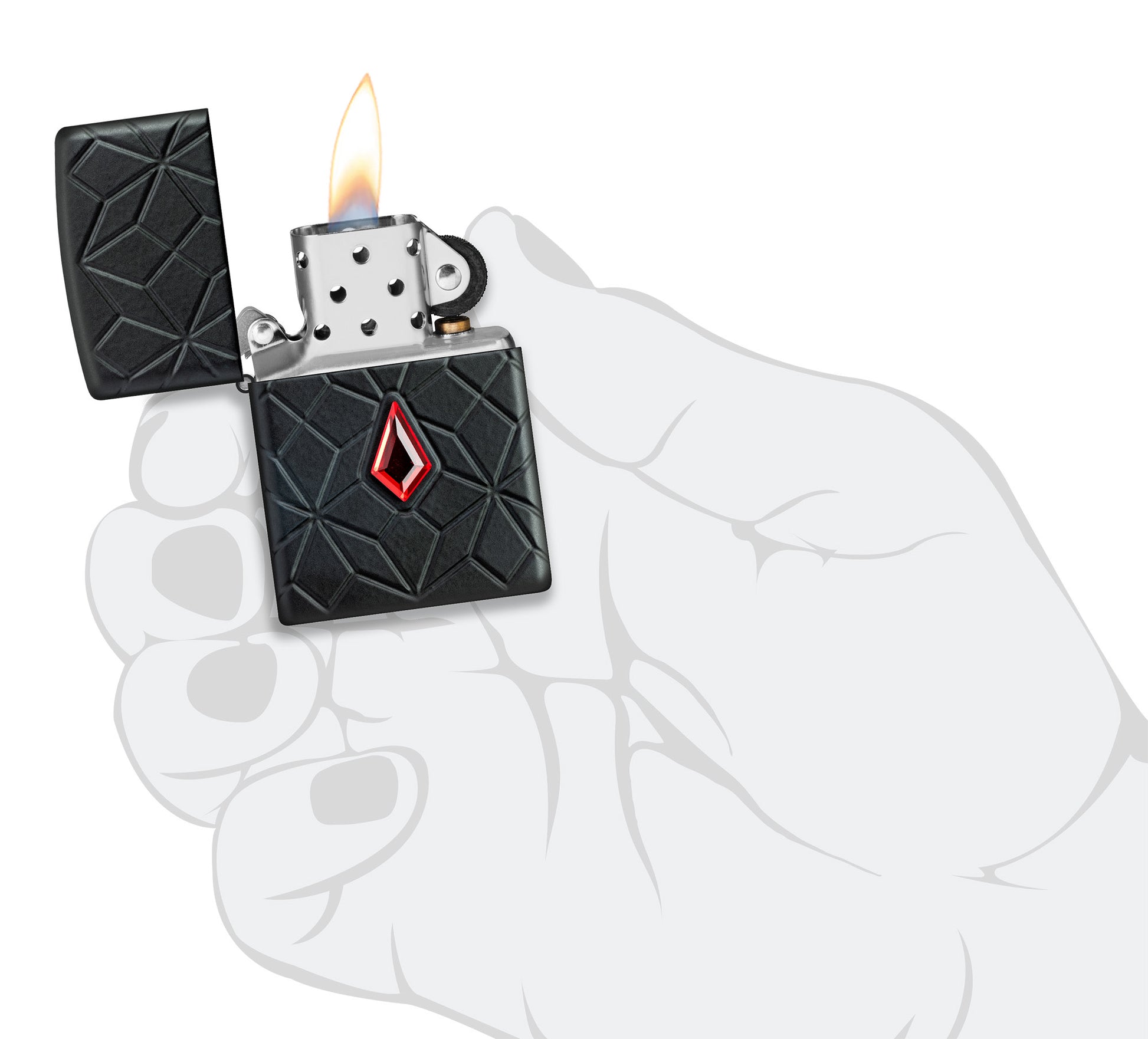 Zippo Crystal Design Armor® Black Matte Windproof Lighter lit in hand.