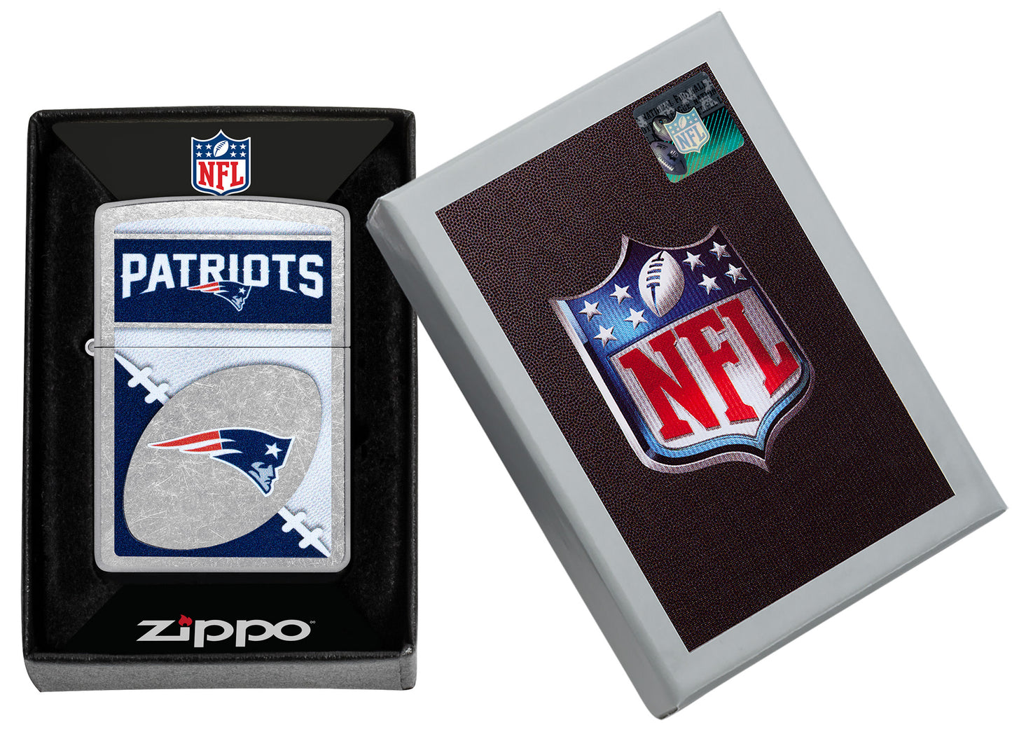 Zippo NFL New England Patriots Street Chrome Windproof Lighter in its packaging.