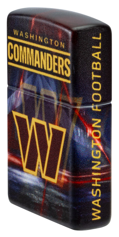 Angled shot of Zippo NFL Washington Commanders 540 Matte Windproof Lighter showing the front and right sides of the lighter.