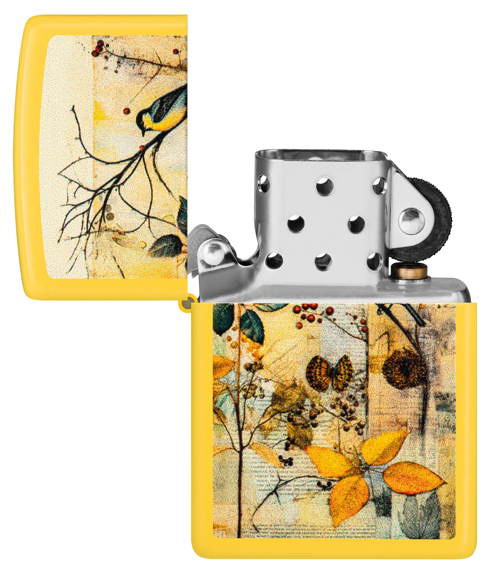 Zippo Scrapbook Bird Design Sunflower Windproof Lighter with its lid open and unlit.