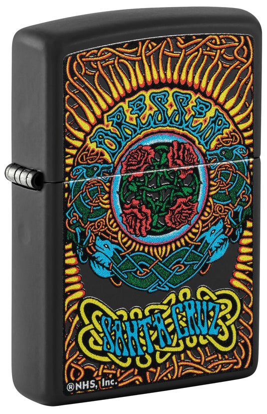 Front shot of Zippo Santa Cruz Black Matte Windproof Lighter standing at a 3/4 angle.