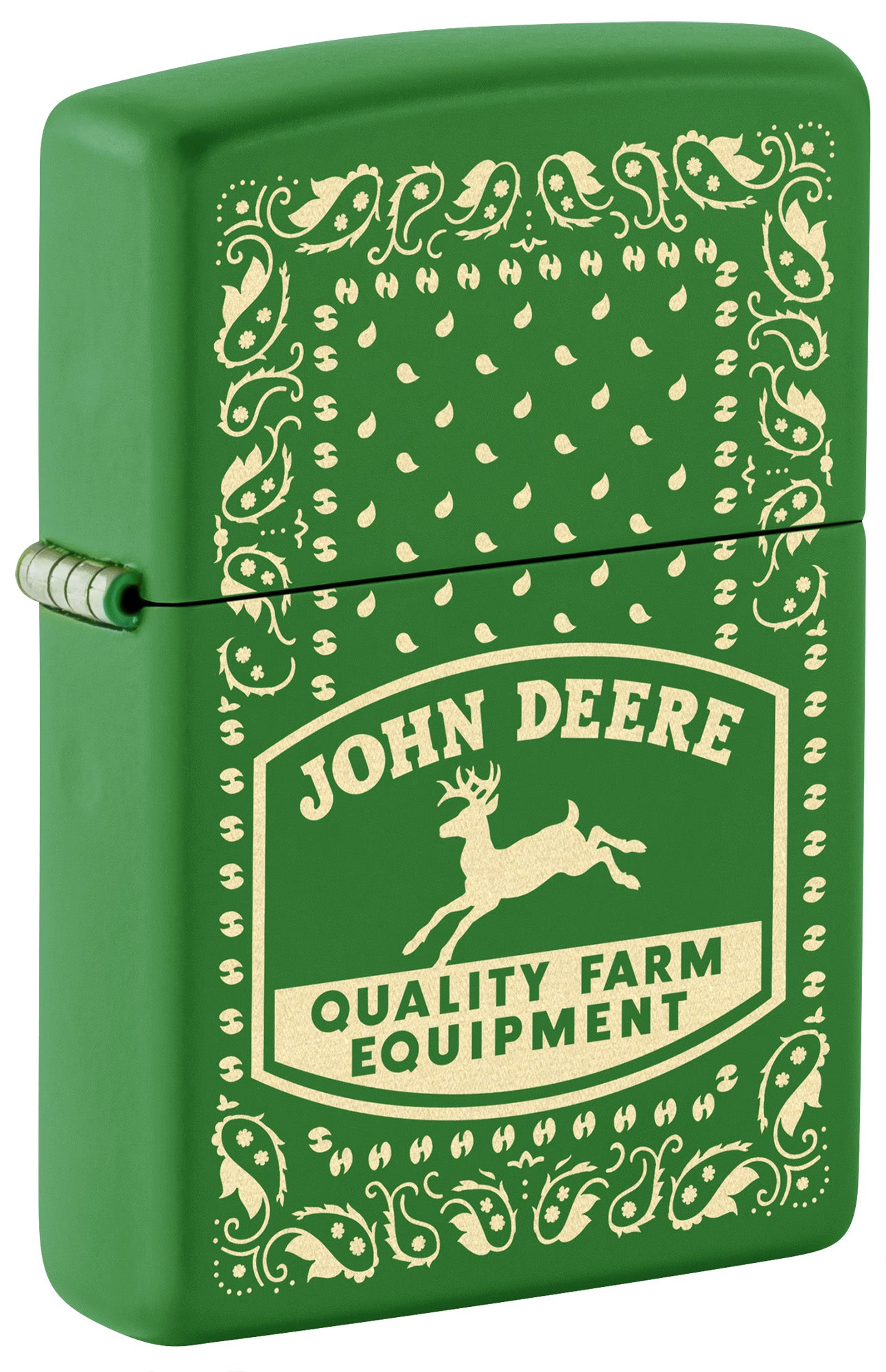 Front shot of Zippo John Deere Paisley Design Moss Green Windproof Lighter standing at a 3/4 angle.


