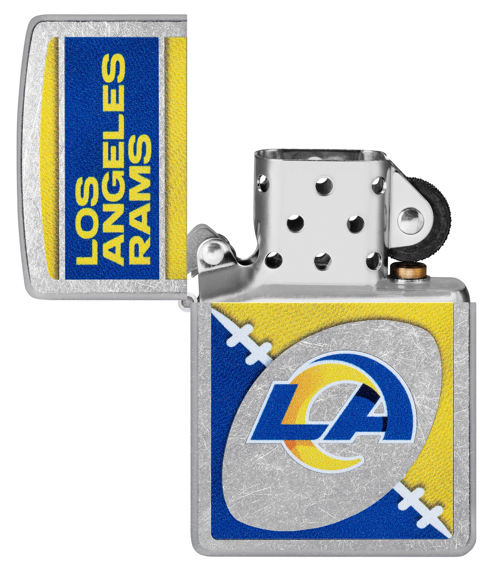 Zippo NFL Los Angeles Rams Street Chrome Windproof Lighter with its lid open and unlit.