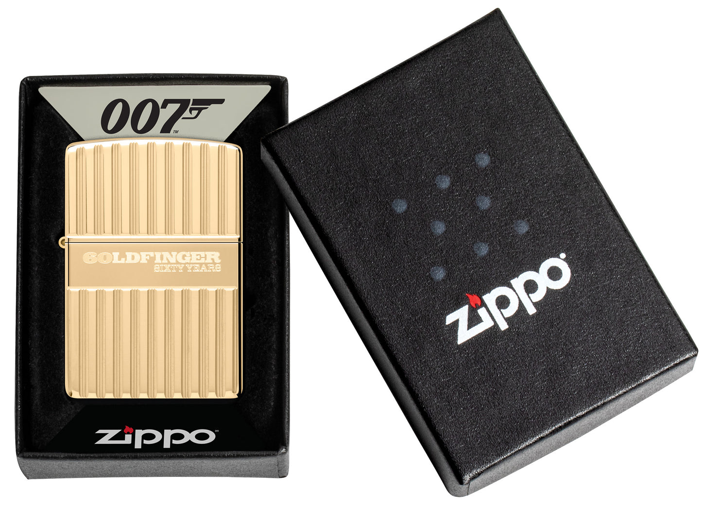 Zippo James Bond™ 007 Goldfinger 60th Armor® High Polish Brass Windproof Lighter in its packaging.