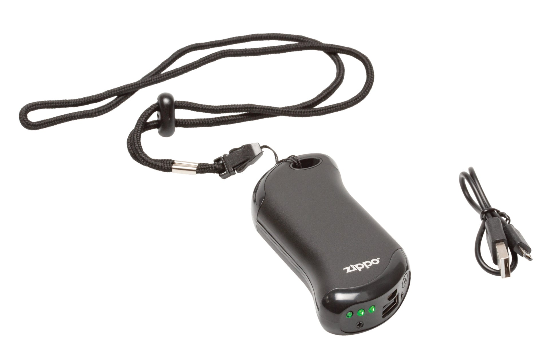 Top view of HeatBank 9s Rechargeable Hand Warmer attached to a lanyard next to a USB charging cable. 

