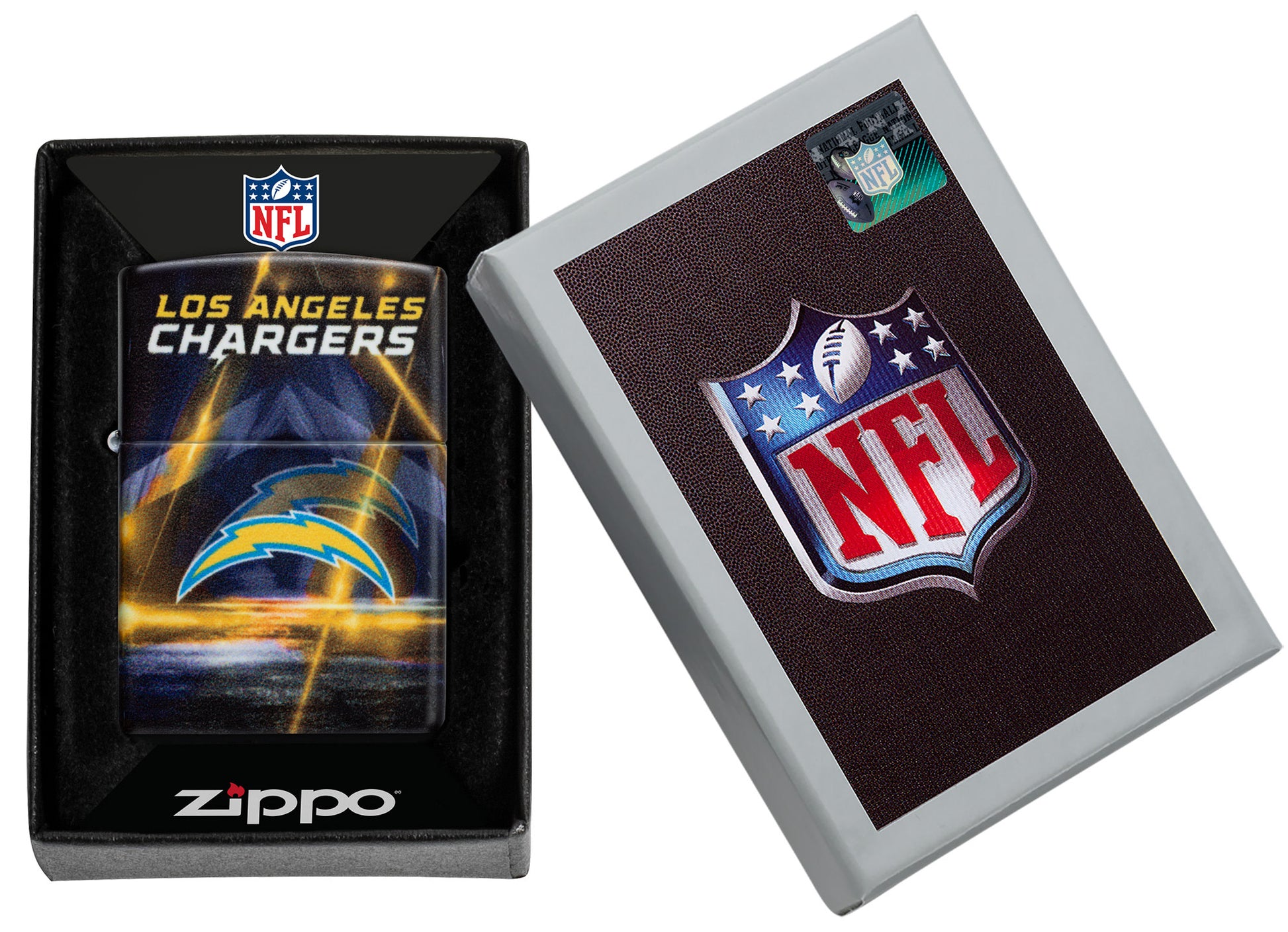 Zippo NFL Los Angeles Chargers 540 Matte Windproof Lighter in its packaging.